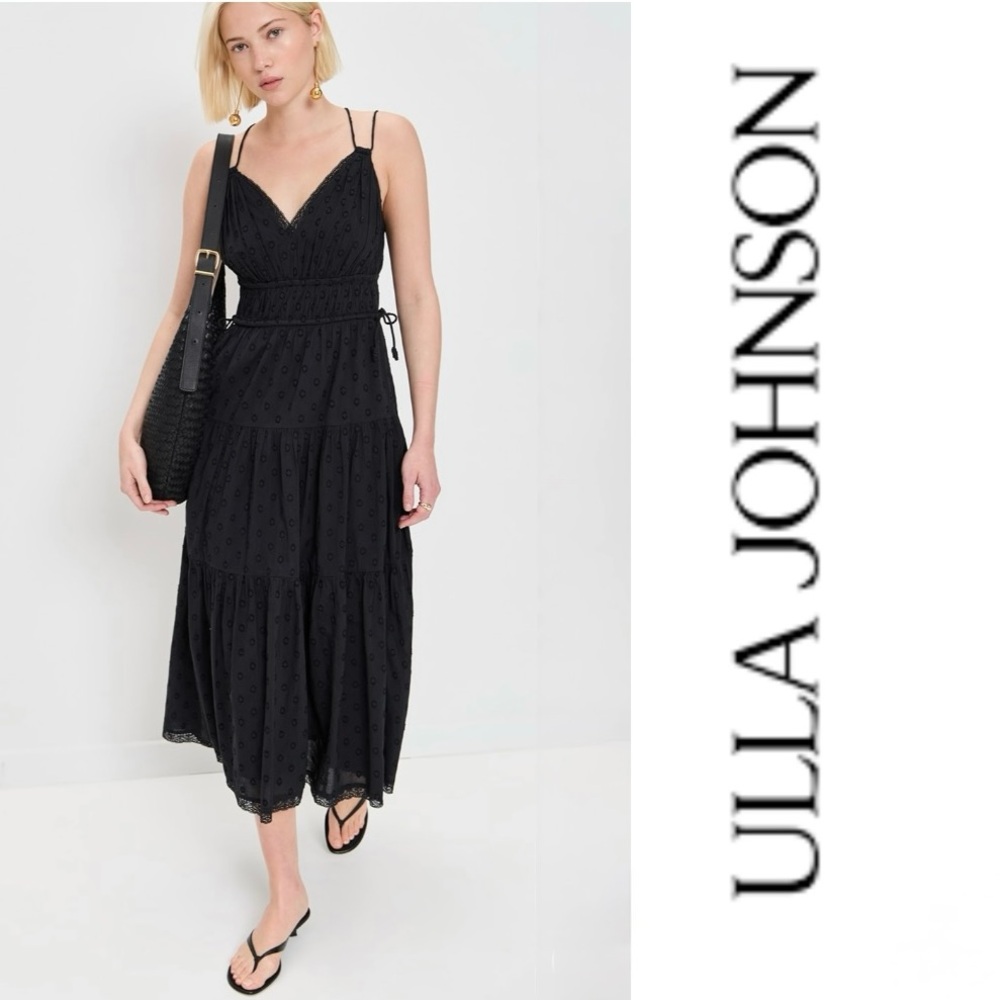ULLA JOHNSON  New York Freya Black Midi Dress in black eyelet with lace size 0